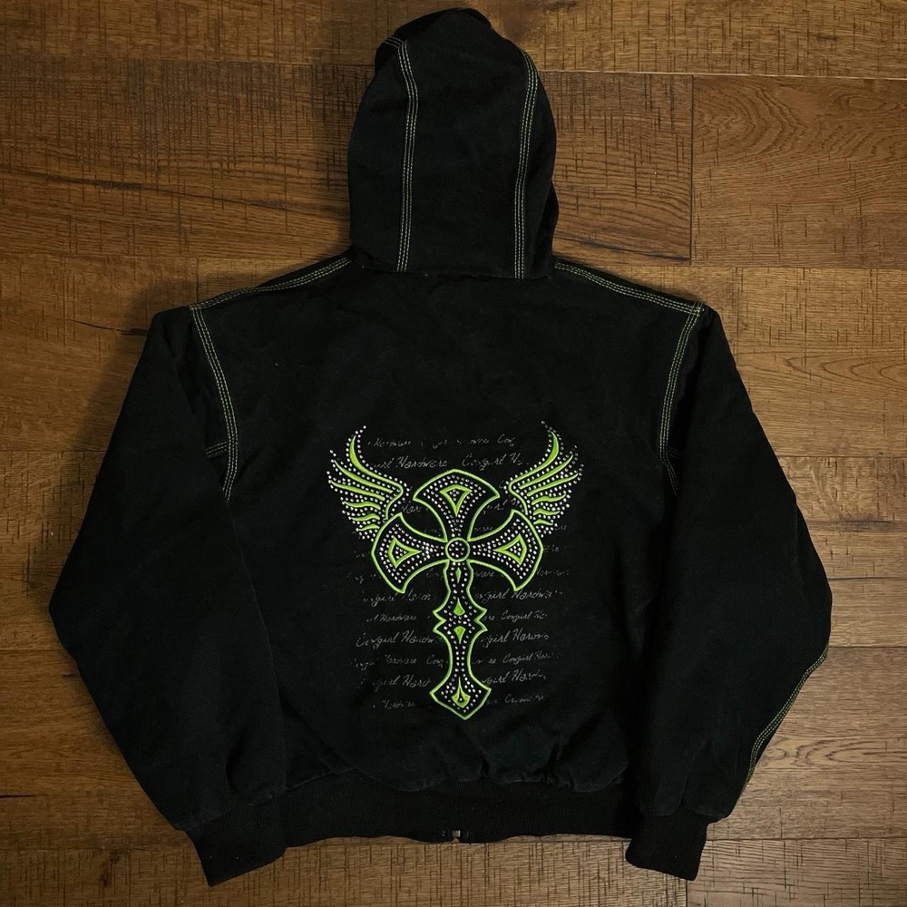 Cowgirl Hardware Canvas Hoodie Womens S Black Neon Green Grunge Rodeo Cross Zip